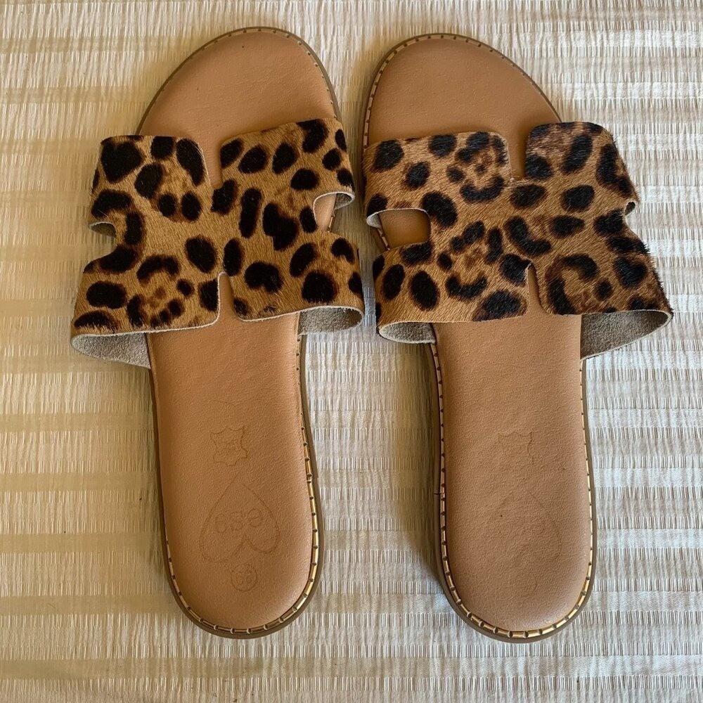 Esg Leopard Print Calf Hair H-Band Slide Sandals Brown Tan EU 39